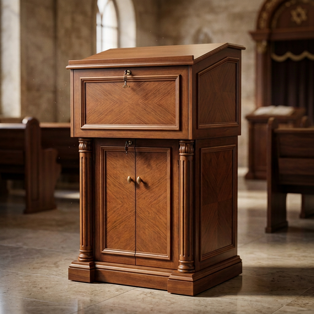 Deep walnut amud for a chazzan with carved fretwork panels