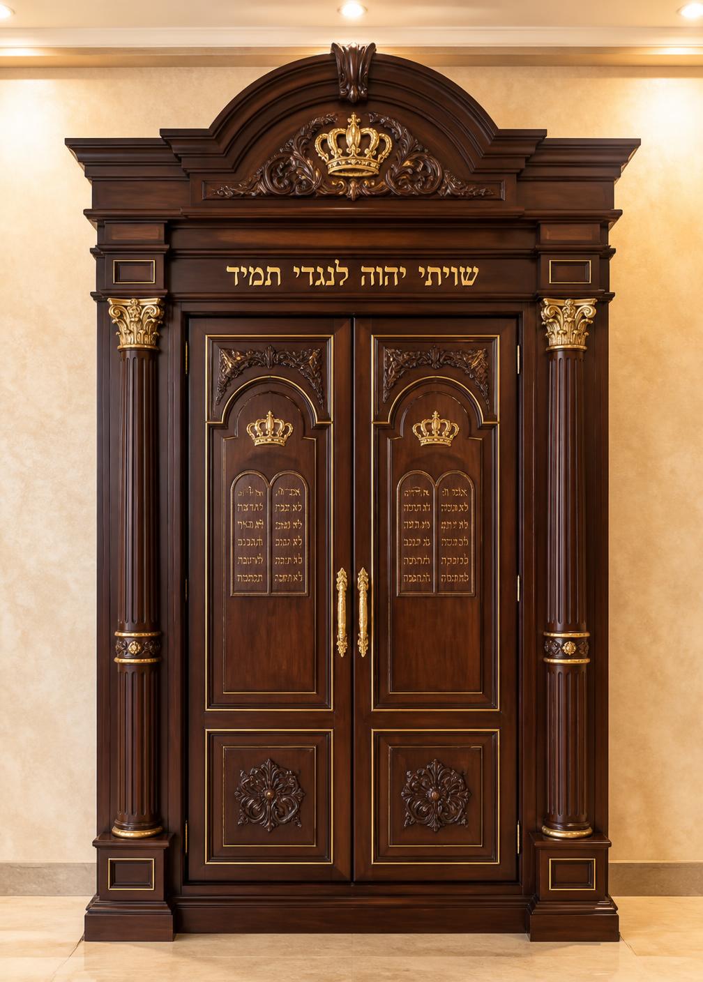 Tall mahogany Aron Kodesh with carved crown and luchos panels