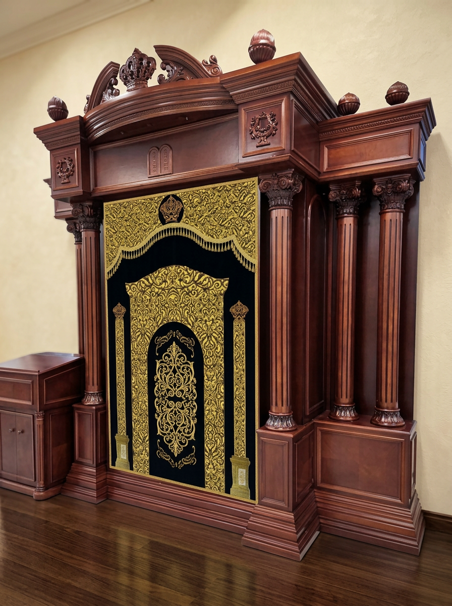 Tall mahogany Aron Kodesh with carved crown and luchos panels