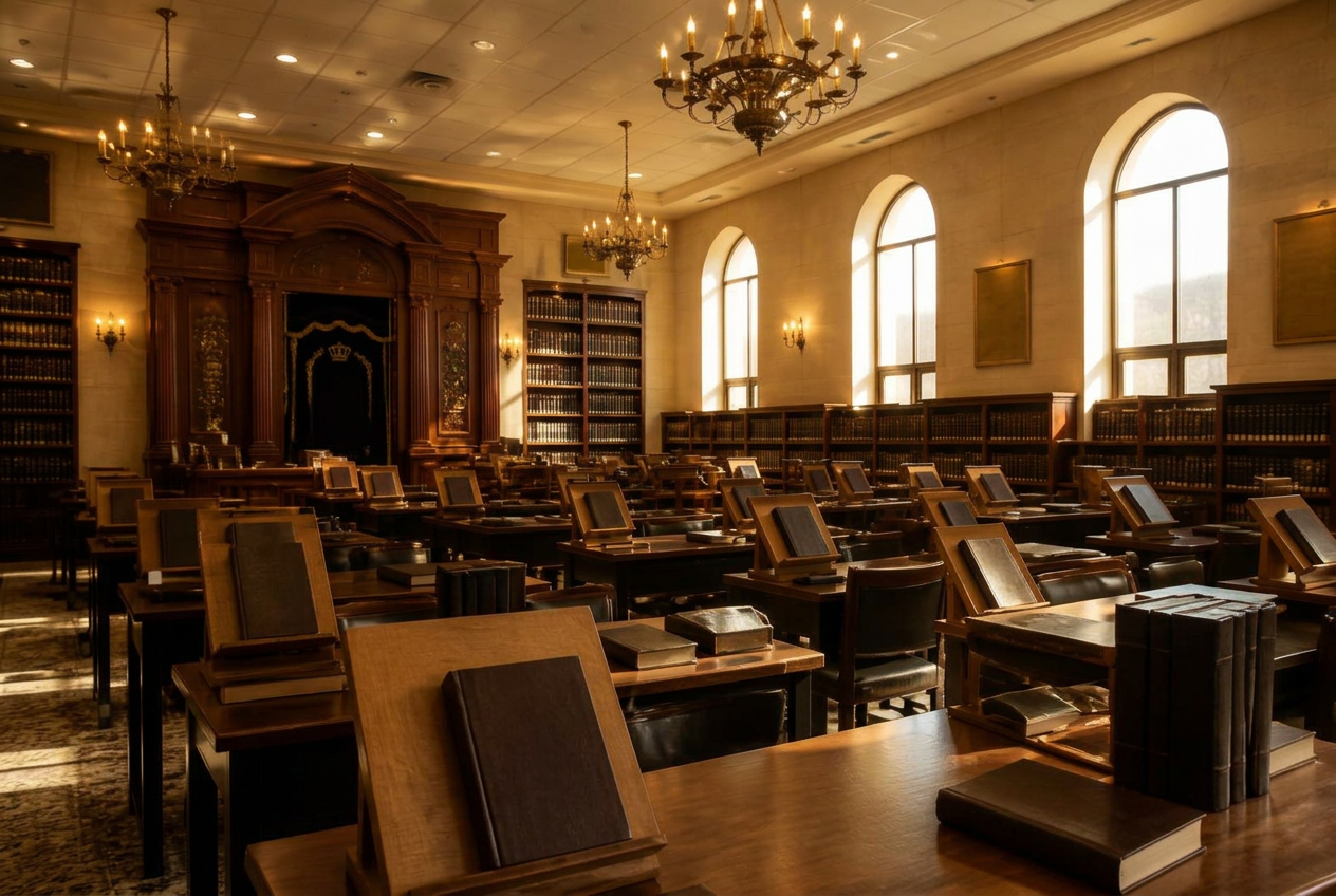 Beis midrash with wooden learning tables, shtenders and an Aron Kodesh