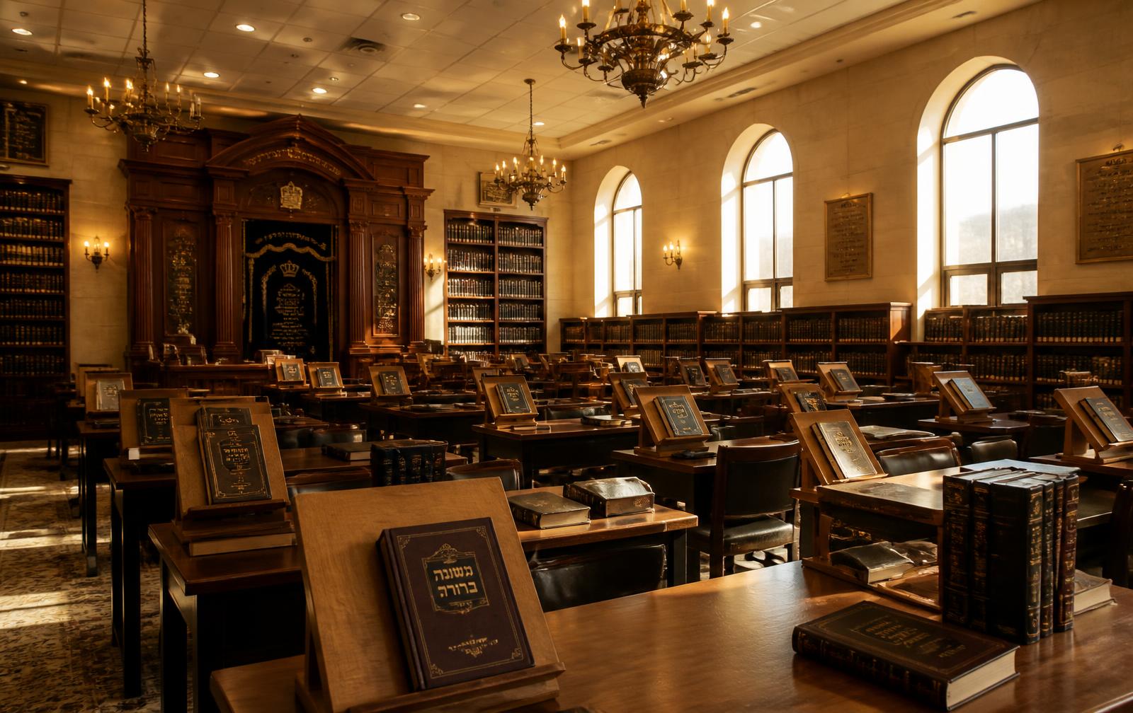Beis midrash with wooden learning tables, shtenders and an Aron Kodesh