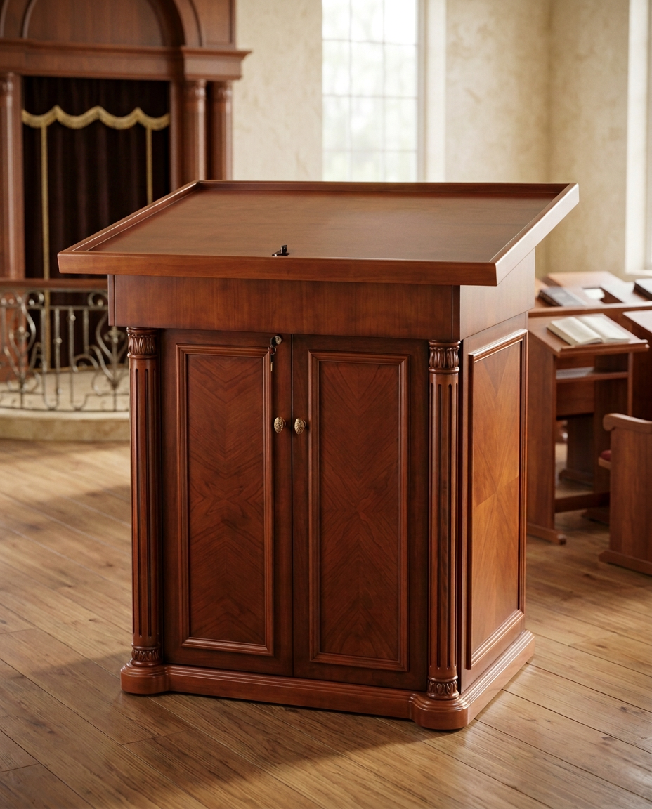 Traditional mahogany shul bimah with carved panels in a beis midrash