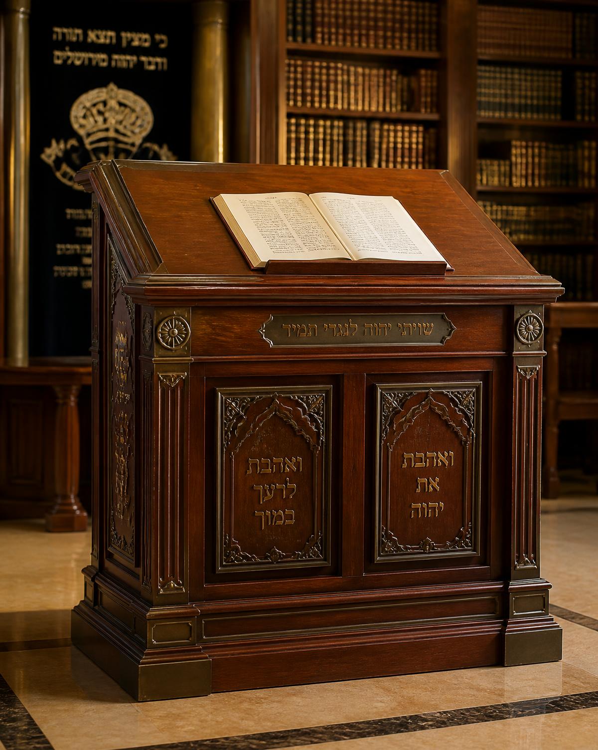 Traditional mahogany shul bimah with carved panels in a beis midrash