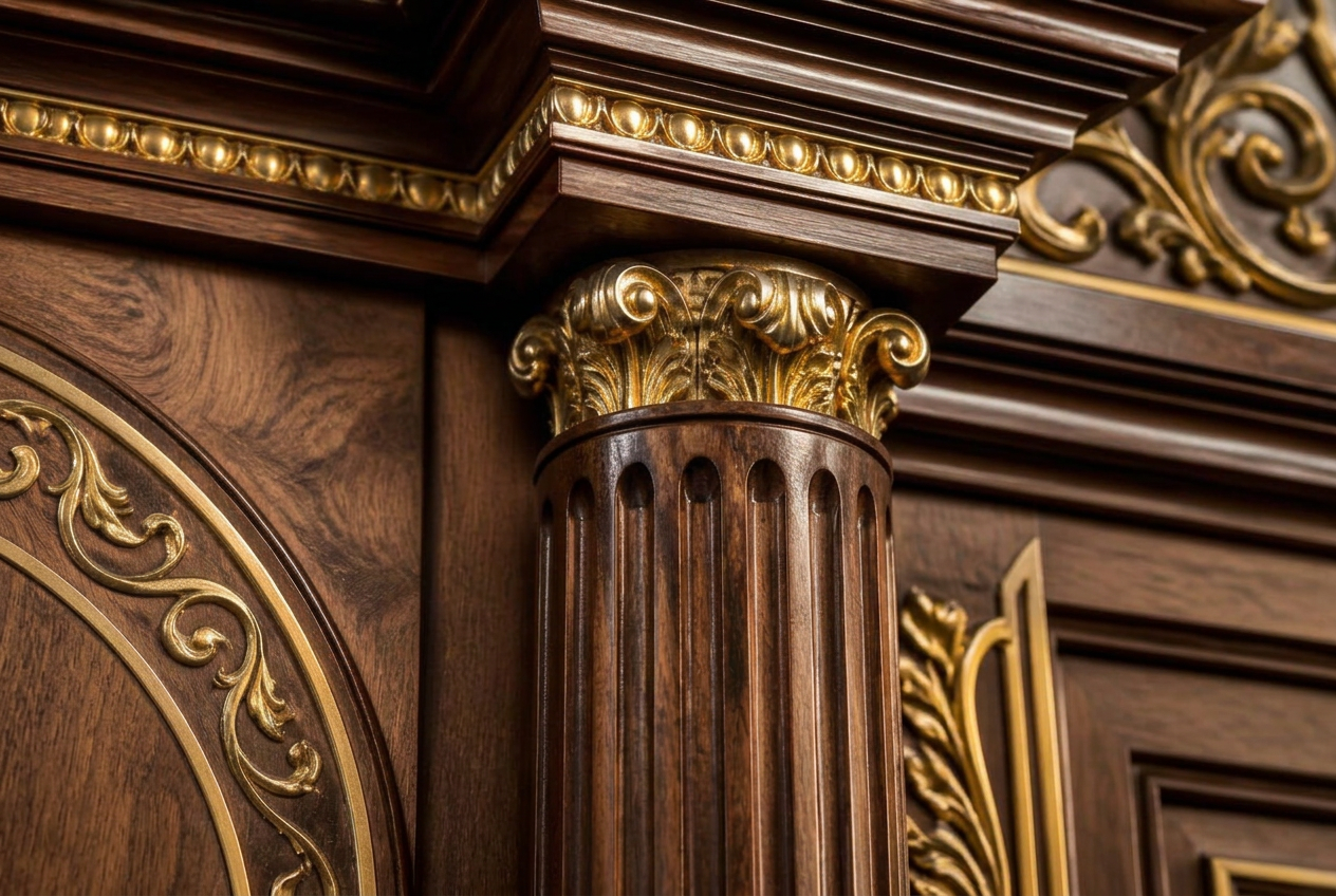 Close-up of carved wood and antique gold detailing on an Aron Kodesh