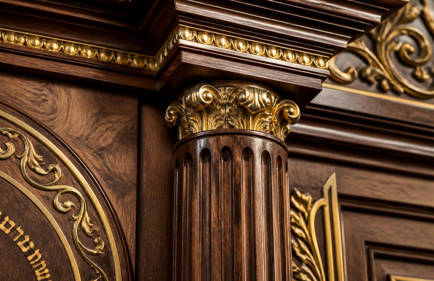 Close-up of carved wood and antique gold detailing on an Aron Kodesh