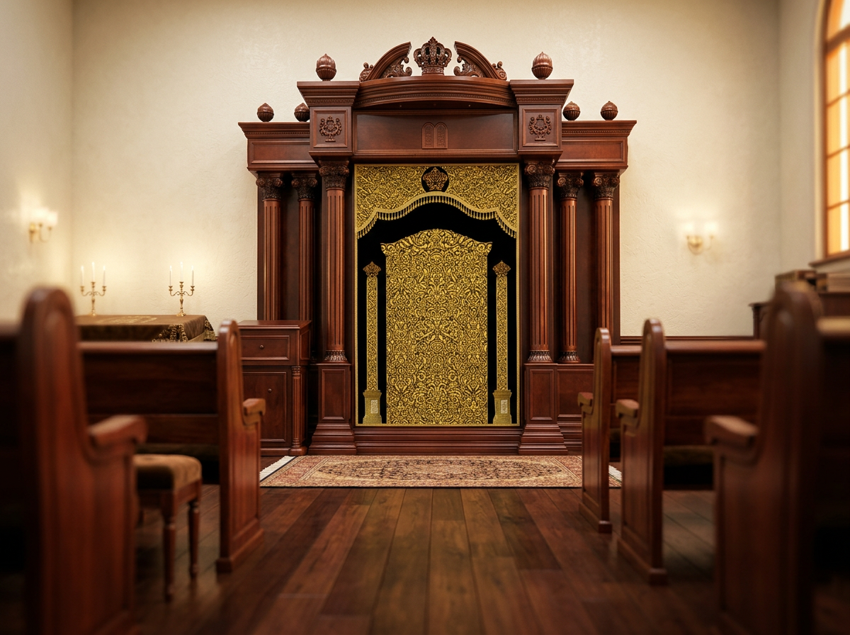 Ornate wooden Aron Kodesh with gold detailing in a warmly lit shul sanctuary