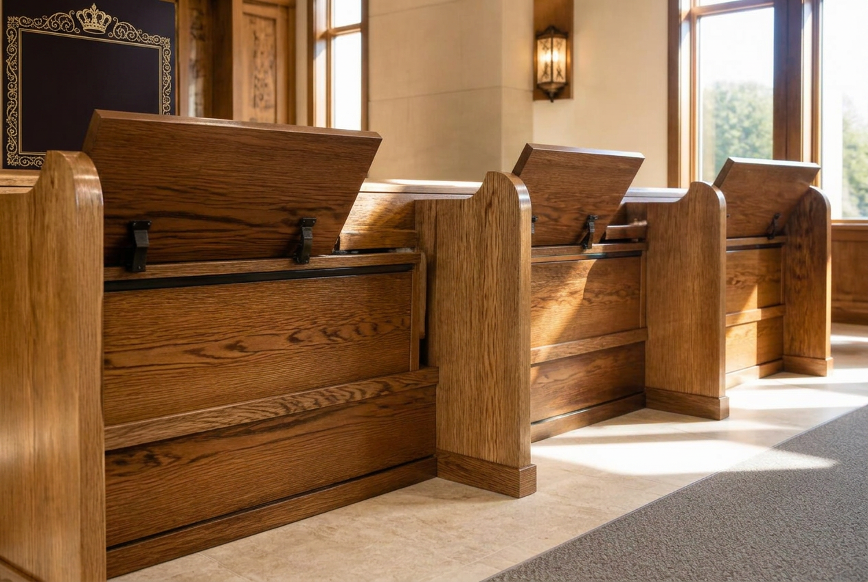 Wooden shul benches with hinged shtender tops