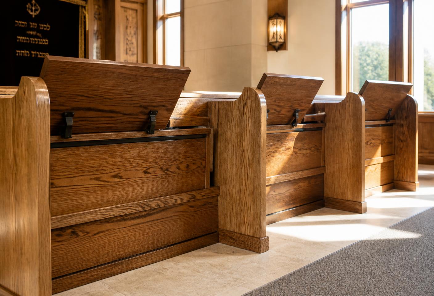 Wooden shul benches with hinged shtender tops