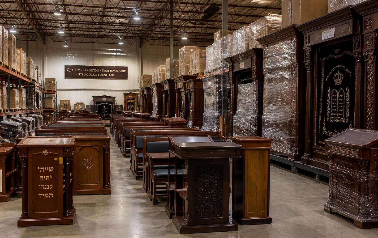 Rows of ready-made shul furniture in the Monroe warehouse