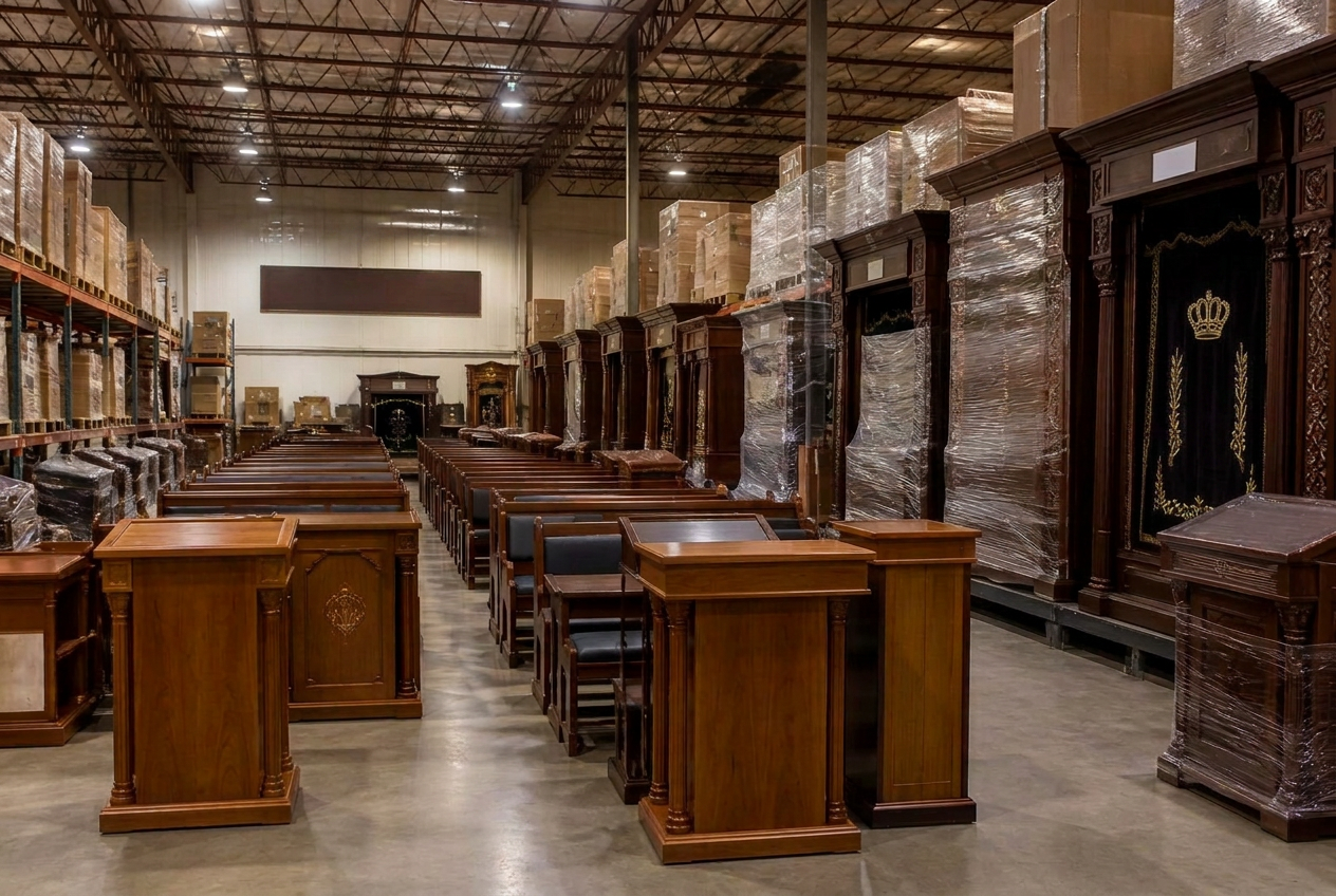 Rows of ready-made shul furniture in the Monroe warehouse